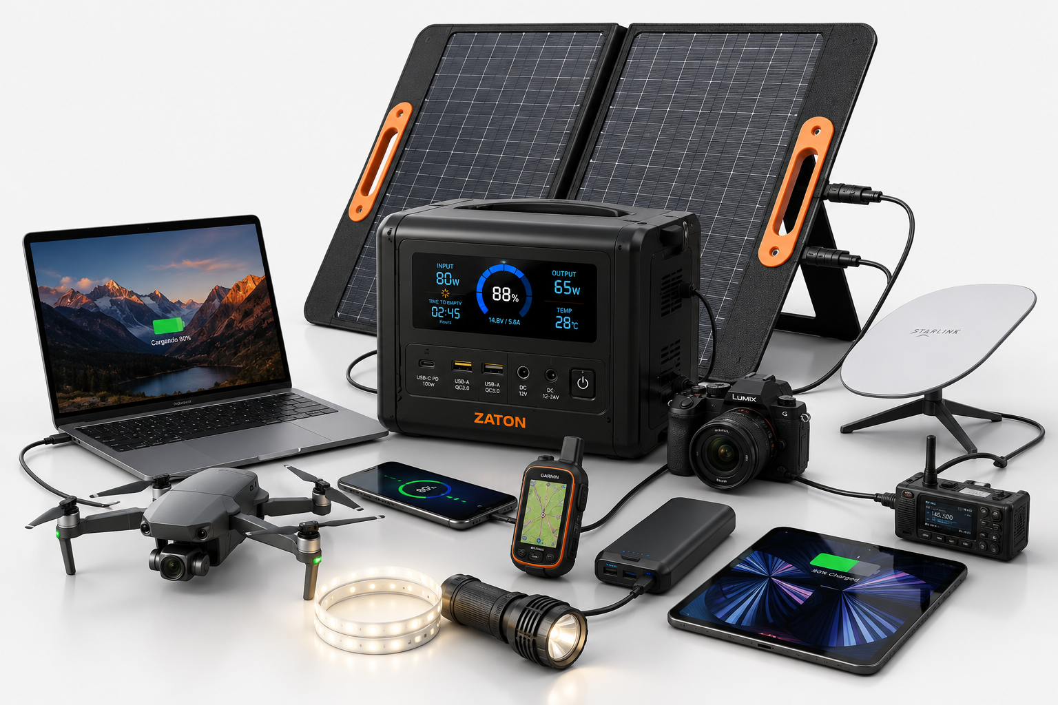 ZATON Portátil Pro — Maleta solar portátil con paneles plegables y múltiples puertos de carga